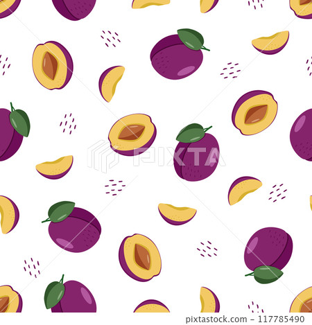 Seamless Pattern Ripe plum whole in a purple peel, half a plum with a stone and a plum slice. Vector illustration of delicious berries. Seamless Pattern Ripe plum whole in a purple peel, half a plum with a stone and a plum slice. Vector illustration of delicious berries. 117785490