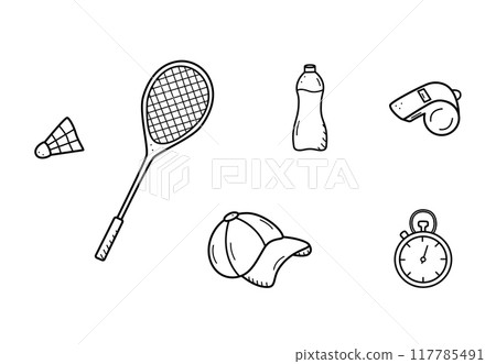 Sports doodle icon set concept. Design elements of a sports invert, a healthy lifestyle. Vector illustration Sports doodle icon set concept. Design elements of a sports invert, a healthy lifestyle. Vector illustration 117785491