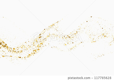 Scattered golden particles on white background. Holiday background or design element. New Year and Christmas 117785628