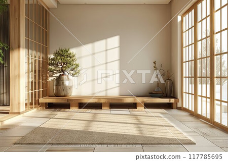 Minimalist Japanese-Inspired Interior with Natural Light and Wooden Decor. High quality photo 117785695