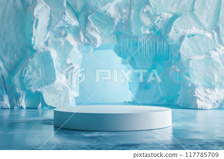 Ice cave interior featuring a circular platform surrounded by glacial formations. Generative AI 117785709