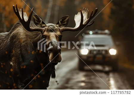 Majestic moose standing on a rainy forest road near passing vehicle during autumn. Generative AI 117785782