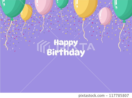 Happy Birthday Balloons and Confetti on Purple Background for Party Invitations and Decorations. Vector illustration 117785807