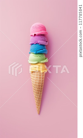 Pastel-Colored Ice Cream Scoops in Waffle Cone. High quality photo Pastel-Colored Ice Cream Scoops in Waffle Cone. High quality photo 117785841
