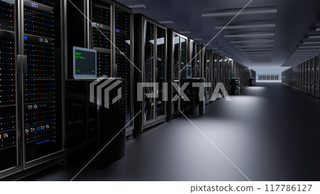 Rackmount LED console in server room data center. Server. Room servers data center. Backup, mining, hosting, mainframe, farm and computer rack with storage information. 3d render 117786127