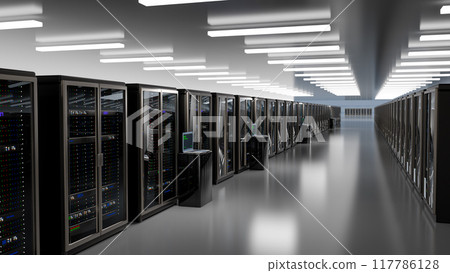 Rackmount LED console in server room data center. Server. Room servers data center. Backup, mining, hosting, mainframe, farm and computer rack with storage information. 3d render 117786128