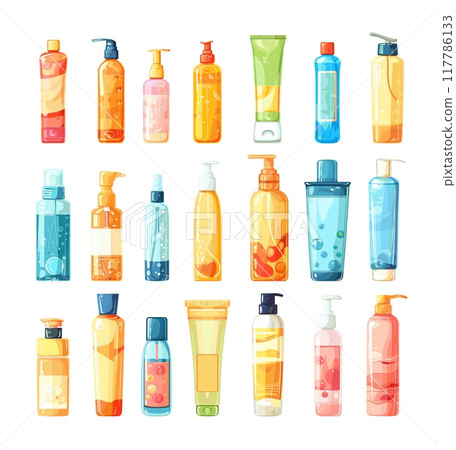 Skin care cosmetics cartoon vector set. Cream gel soap shampoo lotion daily routine beauty stuff supplies cleansing products, illustrations isolated on white background 117786133