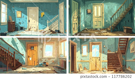 Old deserted house cartoon vector concepts. Abandon entrance staircase window walls damaged furnishings fissures blemishes wreckage destruction clutter empty interior illustrations 117786202