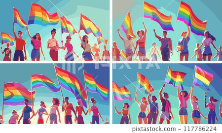 Lgbtq parade cartoon vector scenes. Celebration man woman persons crowd holding multicolored flags banners diverse races embrace queer affection liberty carnival transgender characters concepts 117786224