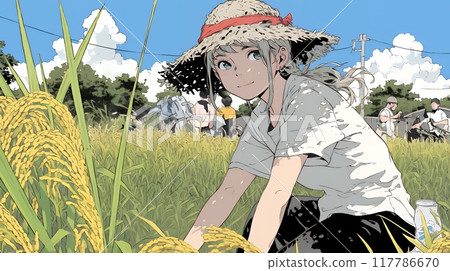 A woman harvesting rice 117786670