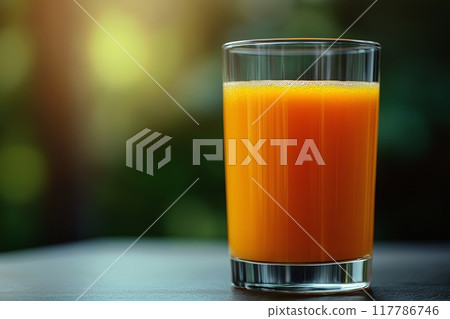 Glass of fresh orange juice on table on blurred background 117786746