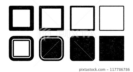 一組粗糙輪廓方形框架的插圖集，其紋理模糊，類似於郵票或凸版印刷。 117786786