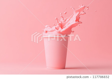 A vibrant pink cup with splashing liquid, showcasing a playful and refreshing beverage against a soft pink background. 117786832
