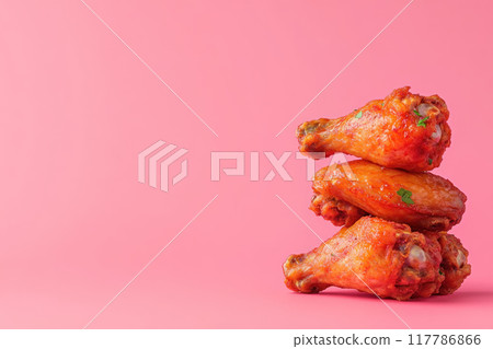 Close up of crispy chicken wings with herbs on pink background 117786866