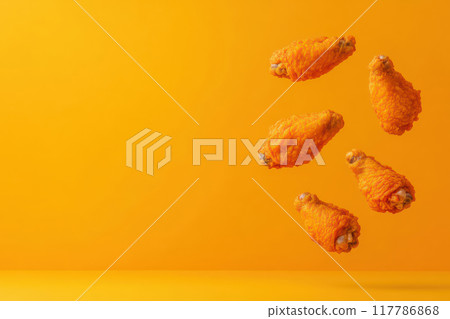 Delicious fried chicken wings floating against a vibrant yellow backdrop, perfect for food-related content and marketing. 117786868
