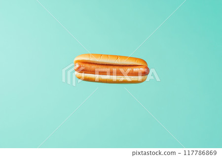 Delicious hot dog on a mint green background, perfect for food-related projects or promotional materials. 117786869