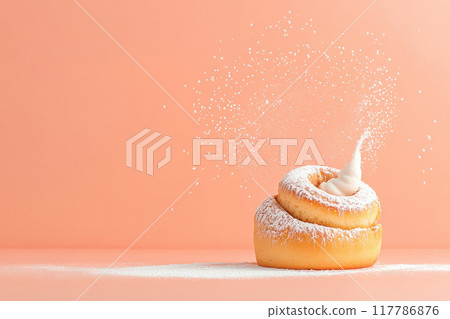 Delicious pastry topped with cream and powdered sugar, set against a soft pastel background, perfect for dessert-themed projects. 117786876