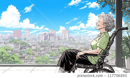 A happy old lady looking at the view outside 117786893