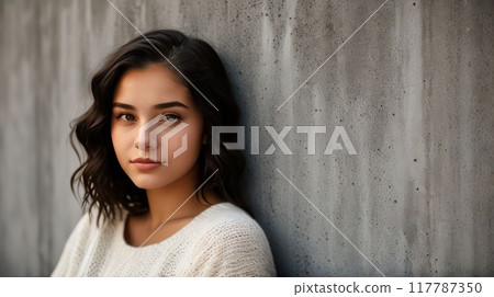 Pretty brunette young woman on the background of a concrete wall. Generative AI 117787350