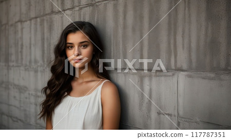 Pretty brunette young woman on the background of a concrete wall. Generative AI 117787351