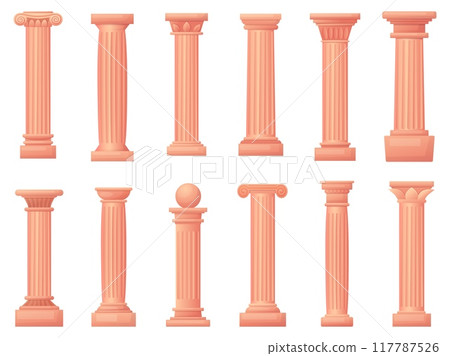 Cartoon columns. Greek temple ancient column and pillars. Roman architecture elements, antique pillar with ornaments, collonada nowaday vector set 117787526