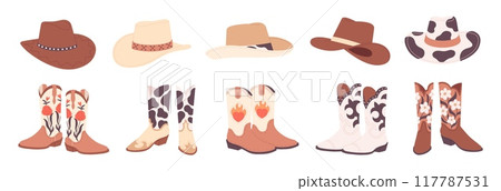 Cowboy accessories. Traditional hats and boots, wild west fashion style. Cowboys shoes with ornaments and embroidery, racy vector elements 117787531