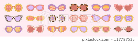 Groovy style sunglasses. Hippie stylish sunglass with decorative trendy frame. Plastic glasses design, eyes sun protect. Eyewears racy vector set Groovy style sunglasses. Hippie stylish sunglass with decorative trendy frame. Plastic glasses design, eyes sun protect. Eyewears racy vector set 117787533