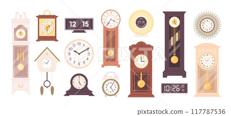 Different cartoon clocks. Retro style mechanical watches, modern digital electric clock. Vintage time measuring elements, racy vector clipart 117787536