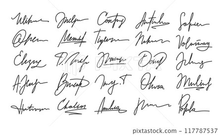 Signatures. Handwriting signature for e-documents and agreements. Calligraphy style autograph, imaginary personal hand written names, racy vector clipart 117787537