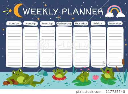 Kids weekly planner. Cute cartoon schedule template design with funny green frogs on pond or swamp. Frog resting, swimming, sing, classy vector background 117787540