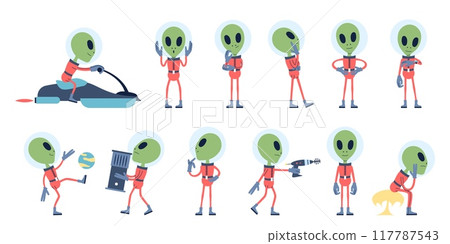 Aliens characters. Ufo people, cartoon flat alien in spacesuit. Creature thinking, riding playing ball standing and hold blaster, recent vector set 117787543