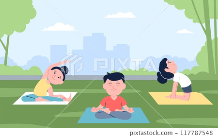 Kids yoga in park. Children sport activity outdoor. Seasonal pilates stretching training, asana stand. Young athletes, sporty recent vector characters Kids yoga in park. Children sport activity outdoor. Seasonal pilates stretching training, asana stand. Young athletes, sporty recent vector characters 117787548