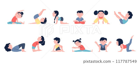 Kids yoga. Children doing yoga exercises, stretching pilates workout for child. Gymnastic sport training, baby fitness. Flat sporty recent vector characters 117787549