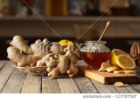 Ingredients for preparing ginger tea. Ingredients for preparing ginger tea. 117787587