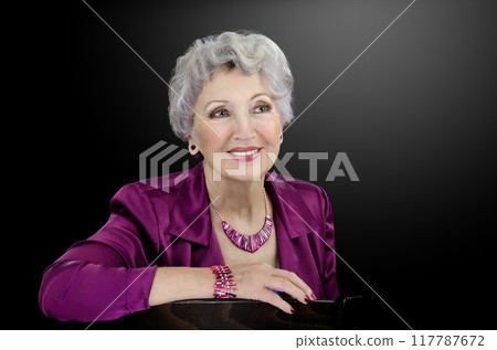Fashion Over 70: Graceful Silver-Haired Woman Exudes Confidence in Chic Fuchsia Outfit and Matching Accessories. Fashion Over 70: Graceful Silver-Haired Woman Exudes Confidence in Chic Fuchsia Outfit and Matching Accessories. 117787672