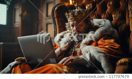 King sits on a lavish throne, wearing traditional attire and using a laptop while surrounded by an opulent setting. 117787679
