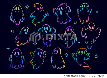 Set of cute ghosts in doodle style in gradient colors. 117787694