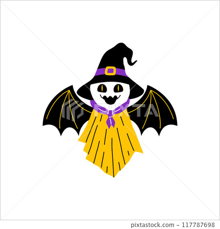 Fun doodle style scarecrow with bat wings on a white background. 117787698