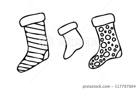 Simple black and white doodle of three vector Christmas stockings with different patterns. Ideal for holiday decorations, coloring pages, or festive designs. Minimalist and playful Christmas art. Simple black and white doodle of three vector Christmas stockings with different patterns. Ideal for holiday decorations, coloring pages, or festive designs. Minimalist and playful Christmas art. 117787804