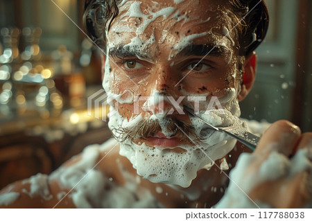 A man shaving with a straight razor, focusing on precision and detail A man shaving with a straight razor, focusing on precision and detail 117788038