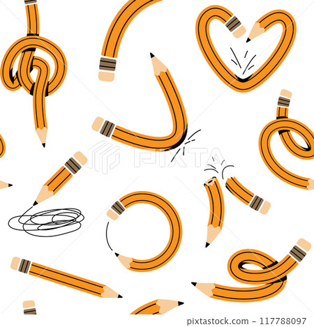 Pencil seamless pattern vector illustration. Back to school, education concept. Fun curved, twisted, knotted pencils background 117788097