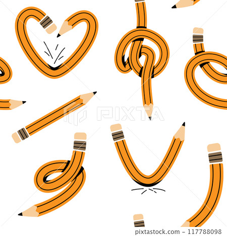 Pencil seamless pattern vector illustration. Back to school, education concept. Fun curved, twisted, knotted pencils background Pencil seamless pattern vector illustration. Back to school, education concept. Fun curved, twisted, knotted pencils background 117788098