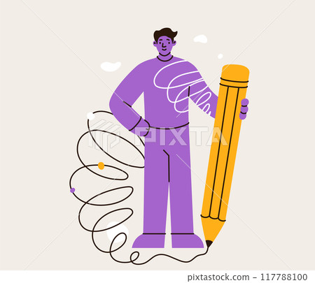 Young man standing in superman pose and holding huge yellow pencil vector illustration. Flat education design. Cute purple modern writer hero character. Concept thinking writing Young man standing in superman pose and holding huge yellow pencil vector illustration. Flat education design. Cute purple modern writer hero character. Concept thinking writing 117788100