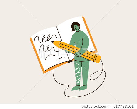 Young woman holding huge yellow pencil and writing in notebook vector illustration. Flat education concept design. Cute green modern female character isolated on light background Young woman holding huge yellow pencil and writing in notebook vector illustration. Flat education concept design. Cute green modern female character isolated on light background 117788101