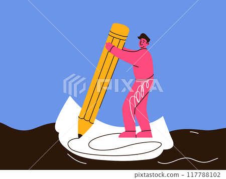 Young man swim on sheet of paper look like sup board holding huge yellow pencil, writing or drawing something. Vector illustration. Flat education design. Artist travel through inspiration sea Young man swim on sheet of paper look like sup board holding huge yellow pencil, writing or drawing something. Vector illustration. Flat education design. Artist travel through inspiration sea 117788102