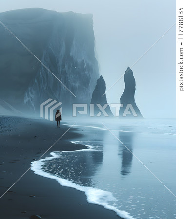 A lone figure walks along a misty beach with towering rocks, immersed in the serene and enigmatic atmosphere of the seascape, surrounded by calm and tranquil surroundings 117788135