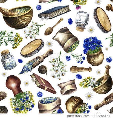 Seamless pattern of medicinal herbs: chamomile, tansy, cornflower. Subjects of traditional medicine. Wooden dishes and a recipe book, a vase with flowers. a hand-drawn watercolor illustration. Seamless pattern of medicinal herbs: chamomile, tansy, cornflower. Subjects of traditional medicine. Wooden dishes and a recipe book, a vase with flowers. a hand-drawn watercolor illustration. 117788147