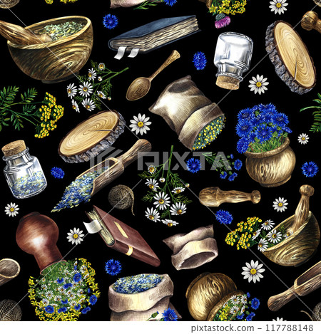 Seamless pattern of medicinal herbs: chamomile, tansy, cornflower. Subjects of traditional medicine. Wooden dishes and a recipe book. a hand-drawn watercolor illustration. On a black background. Seamless pattern of medicinal herbs: chamomile, tansy, cornflower. Subjects of traditional medicine. Wooden dishes and a recipe book. a hand-drawn watercolor illustration. On a black background. 117788148