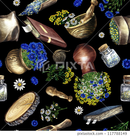 Seamless pattern of medicinal herbs: chamomile, tansy, cornflower. Subjects of traditional medicine. Wooden dishes and a recipe book. a hand-drawn watercolor illustration. On a black background. Seamless pattern of medicinal herbs: chamomile, tansy, cornflower. Subjects of traditional medicine. Wooden dishes and a recipe book. a hand-drawn watercolor illustration. On a black background. 117788149