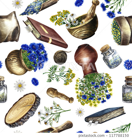 Seamless pattern of medicinal herbs: chamomile, tansy, cornflower. Subjects of traditional medicine. Wooden dishes and a recipe book, a vase with flowers. a hand-drawn watercolor illustration. Seamless pattern of medicinal herbs: chamomile, tansy, cornflower. Subjects of traditional medicine. Wooden dishes and a recipe book, a vase with flowers. a hand-drawn watercolor illustration. 117788150